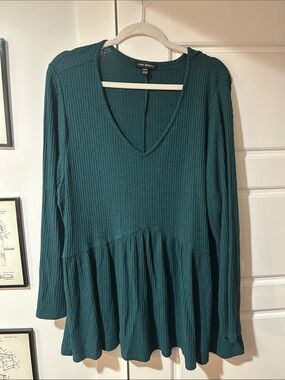 Lane Bryant Teal Waffleknit V-Neck Peplum Blouse